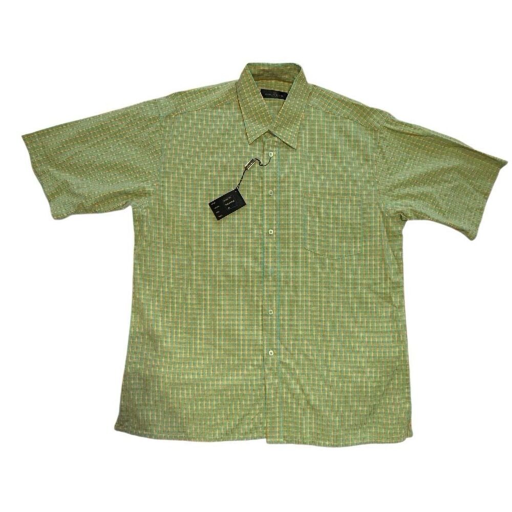 Bugatchi NWT Mens Business Casual Button Down SS Shirt Eucalyptus Green Plaid XL